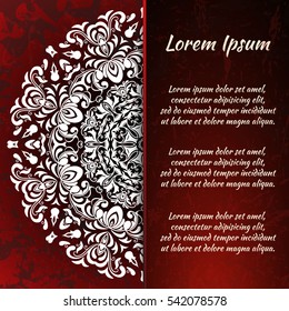 Flyer holiday card, frame for congratulations on your wedding, Valentine's day, birthday, invitation, gratitude, celebration, Declaration of love. Vector red background with a mandala pattern. eps10