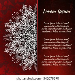 Flyer holiday card, frame for congratulations on your wedding, Valentine's day, birthday, invitation, gratitude, celebration, Declaration of love. Vector red background with a mandala pattern. eps10