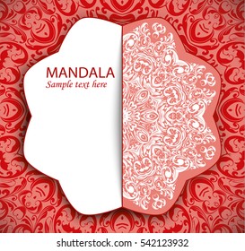 Flyer holiday card, frame for congratulations on your wedding, Valentine's day, birthday, invitation, gratitude, celebration, Declaration of love. Vector red background with a mandala pattern. eps10