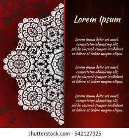Flyer holiday card, frame for congratulations on your wedding, Valentine's day, birthday, invitation, gratitude, celebration, Declaration of love. Vector red background with a mandala pattern. eps10