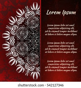 Flyer holiday card, frame for congratulations on your wedding, Valentine's day, birthday, invitation, gratitude, celebration, Declaration of love. Vector red background with a mandala pattern. eps10