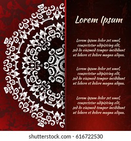 Flyer holiday card, frame for congratulations on your wedding, Valentine's day, birthday, invitation, gratitude, celebration, Declaration of love. Vector red background with a mandala pattern. eps10