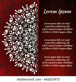 Flyer holiday card, frame for congratulations on your wedding, Valentine's day, birthday, invitation, gratitude, celebration, Declaration of love. Vector red background with a mandala pattern. eps10