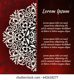 Flyer holiday card, frame for congratulations on your wedding, Valentine's day, birthday, invitation, gratitude, celebration, Declaration of love. Vector red background with a mandala pattern. eps10