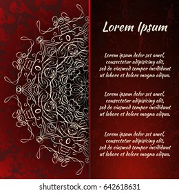 Flyer holiday card, frame for congratulations on your wedding, Valentine's day, birthday, invitation, gratitude, celebration, Declaration of love. Vector red background with a mandala pattern. eps10