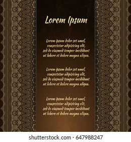 Flyer holiday card, frame for congratulations on your wedding, Valentine's day, birthday, invitation, gratitude, celebration, Declaration of love. Vector brown, gold background with a mandala. eps10