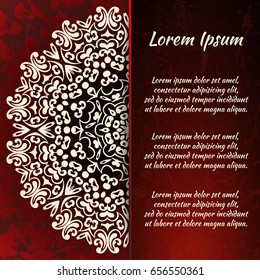 Flyer holiday card, frame for congratulations on your wedding, Valentine's day, birthday, invitation, gratitude, celebration, Declaration of love. Vector red background with a mandala pattern. eps10