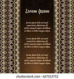 Flyer holiday card, frame for congratulations on your wedding, Valentine's day, birthday, invitation, gratitude, celebration, Declaration of love. Vector brown, gold background with a mandala. eps10
