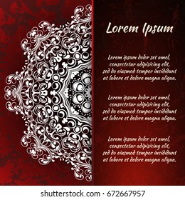 Flyer holiday card, frame for congratulations on your wedding, Valentine's day, birthday, invitation, gratitude, celebration, Declaration of love. Vector red background with a mandala pattern. eps10
