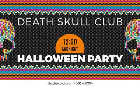 Flyer for a holiday with the inscription HALLOWEEN PARTY, CLUB DEATH SKULL, MIDNIGHT. Brown skull on a dark green background for design flyers, invitations, coupons. Wool knitted texture. Vector