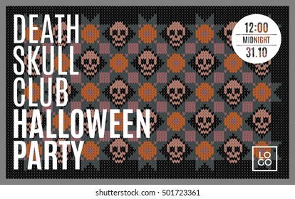 Flyer for a holiday with the inscription HALLOWEEN PARTY, CLUB DEATH SKULL, MIDNIGHT. Brown skull on a dark green background for design flyers, invitations, coupons. Wool knitted texture. Vector