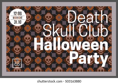 Flyer for a holiday with the inscription HALLOWEEN PARTY, CLUB DEATH SKULL, MIDNIGHT. Brown skull on a dark green background for design flyers, invitations, coupons. Wool knitted texture. Vector