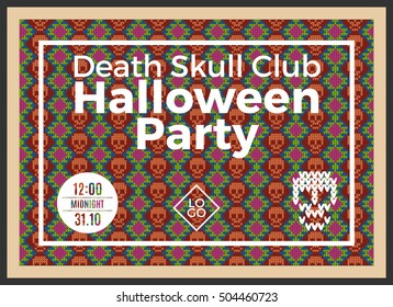Flyer for a holiday with the inscription HALLOWEEN PARTY, CLUB DEATH SKULL, MIDNIGHT. Brown skull on a dark green background for design flyers, invitations, coupons. Wool knitted texture. Vector