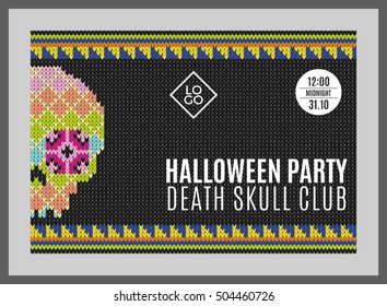 Flyer for a holiday with the inscription HALLOWEEN PARTY, CLUB DEATH SKULL, MIDNIGHT. Brown skull on a dark green background for design flyers, invitations, coupons. Wool knitted texture. Vector