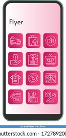 conjunto de iconos del volante. incluido regalo, bolso de compra, tienda en línea, camisa, tienda, dinero, como, llamada telefónica, chaqueta, descuento, iconos de camión de entrega sobre fondo de diseño de teléfono. estilos lineales.