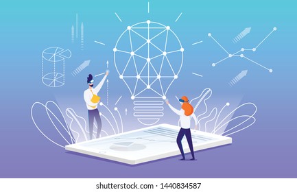 Flyer Idea Building with Virtual Reality Cartoon. On Screen an Electronic Device Plan for Constructing an Idea. Man and Woman with Glasses Virtual Reality are Building Big Lamp. Vector Illustration.