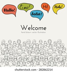 Flyer illustration of a group of Children and teenagers with speech clouds of different foreign languages. hand drawn vector illustration