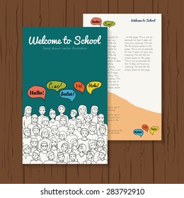 Flyer illustration of a group of Children and teenagers with speech clouds of different foreign languages. hand drawn vector illustration