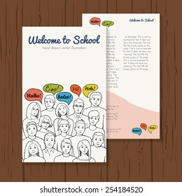 flyer illustration with group of yong people with speech clouds. hand drawn vector illustration