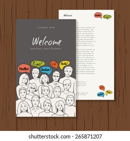 Flyer illustration of a group of young people with speech clouds of different foreign languages. hand drawn vector illustration