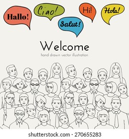 Flyer illustration of a group of young people with speech clouds of different foreign languages. hand drawn vector illustration