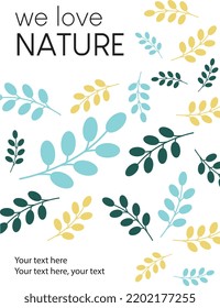 Volante con ilustración de hojas, simple, limpio, diseño, web, azul, verde, amarillo, naturaleza, eco