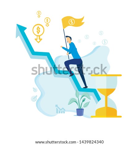 Flyer Increase Market Value Companys Shares Flat. Man Climbs Up Arrow with Flag in his Hand on Background an Hourglass. Goal Achieving High Financial Sustainability. Vector Illustration.