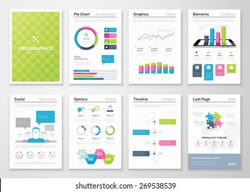 Flyer infographics and brochure templates vector illustrations. Data visualization and statistic elements for print, website, corporate reports and graphic projects. 