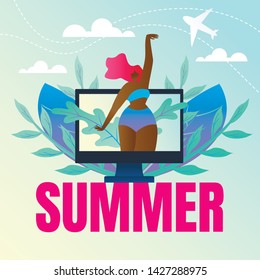 Flyer with Inscription Summer, Hot Vacation Flat. Poster in Center on Screen an Electronic Device. Girl Bathing Suit Calling for Rest Distant Tropical Islands. Vector Illustration.