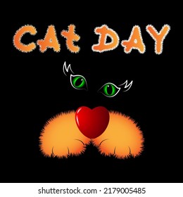 flyer for International Cat Day. Hand drawn vector logo with cat, paws and eyes