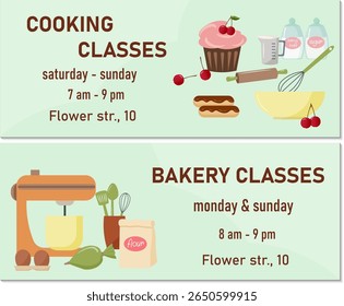Flyer - invitation to culinary courses. Baking and making sweet cakes and pastries. Tools and products for cooking - mixer, eggs and flour, sugar and soda, berries, pastry bag. Concept of culinary