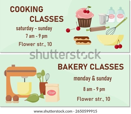 Flyer - invitation to culinary courses. Baking and making sweet cakes and pastries. Tools and products for cooking - mixer, eggs and flour, sugar and soda, berries, pastry bag. Concept of culinary