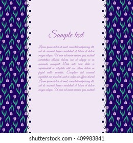 Flyer, invitation, menu or greeting card design template with purple tulips. Pattern already in swatches.