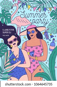 Flyer, invitation or poster template for summer party with happy women in swimsuits holding exotic cocktails and surrounded by tropical foliage. Vector illustration for outdoor event advertisement.