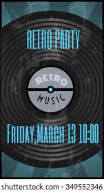 Flyer invitation to a retro party with a vinyl record.