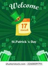 Flyer with an invitation to St. Patrick Day. Poster with leprechaun hat, clover and red mustache. Vector illustration for the Irish holiday.