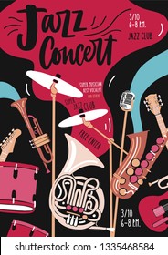 Plantilla de volante o invitación para actuaciones de música jazz o conciertos con instrumentos musicales y letras elegantes. Ilustración vectorial en estilo moderno plano para la promoción de eventos, publicidad.