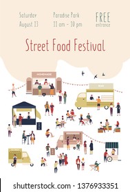 Flyer or invitation template for summer street food festival with people walking among vans or stalls, buying homemade meals, eating and drinking. Vector illustration for outdoor event advertisement.