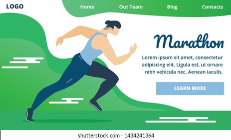 Flyer Invitation is Written Marathon Cartoon. Discipline Athletics Program for Men. Male Athlete Runs Race at Distance. Marathon Competitions are Held on Highway. Vector Illustration.