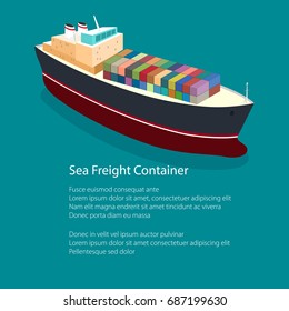 Flyer Isometric Container Ship on the Water and Text, a Top View of a Cargo Ship with Containers on Board in the Ocean, Poster Brochure Design, Vector Illustration