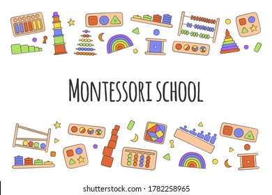 Flyer with kid toys for Montessori games. Education logic toys for preschool children. Hand drawn vector illustration on white background