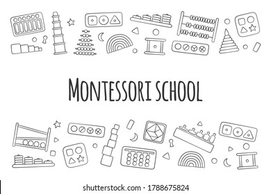 Flyer With Kid Toys For Montessori Games. Education Logic Toys For Preschool Children. Vector Illustration In Doodle Style On White Background