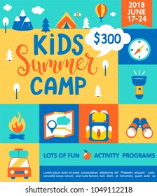 Flyer for the Kids Summer camp, concept with handdrawn lettering,Camping and Travelling on holiday with a lot of camping equipment such as tent, backpack and others in flat style,vector illustration.