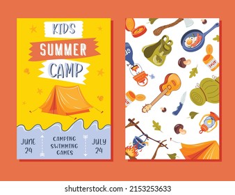 Volante para el campamento de verano infantil, concepto con letras hechas a mano, Camping y Viajes de vacaciones con muchos equipos de camping como carpa, mochila y otros de estilo plano, ilustración vectorial.