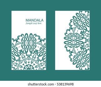 Flyer laser cut mandala. Cut paper card with lace pattern. Wedding invitations, postcards and business card templates. Decorative cards for laser cutting.