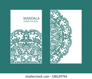 Flyer laser cut mandala. Cut paper card with lace pattern. Wedding invitations, postcards and business card templates. Decorative cards for laser cutting.