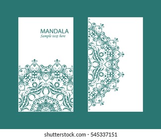 Flyer laser cut mandala. Cut paper card with lace pattern. Wedding invitations, postcards and business card templates. Decorative cards for laser cutting.