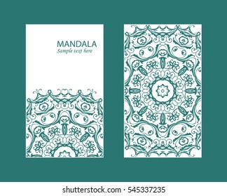 Flyer laser cut mandala. Cut paper card with lace pattern. Wedding invitations, postcards and business card templates. Decorative cards for laser cutting.