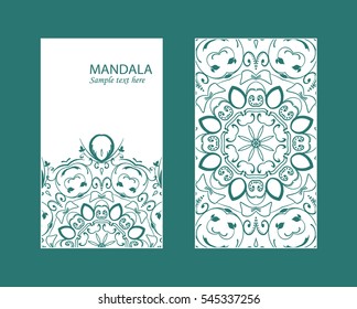 Flyer laser cut mandala. Cut paper card with lace pattern. Wedding invitations, postcards and business card templates. Decorative cards for laser cutting.