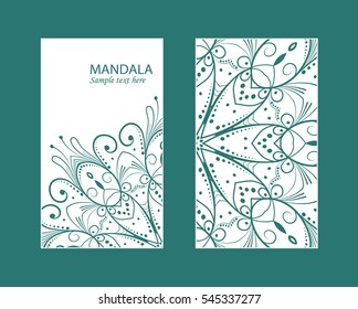 Flyer laser cut mandala. Cut paper card with lace pattern. Wedding invitations, postcards and business card templates. Decorative cards for laser cutting.